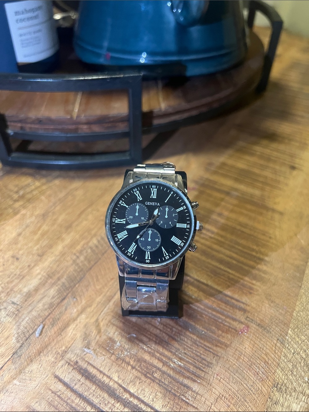 Geneva Silver Men's Watch with Black Dial and Roman Markers